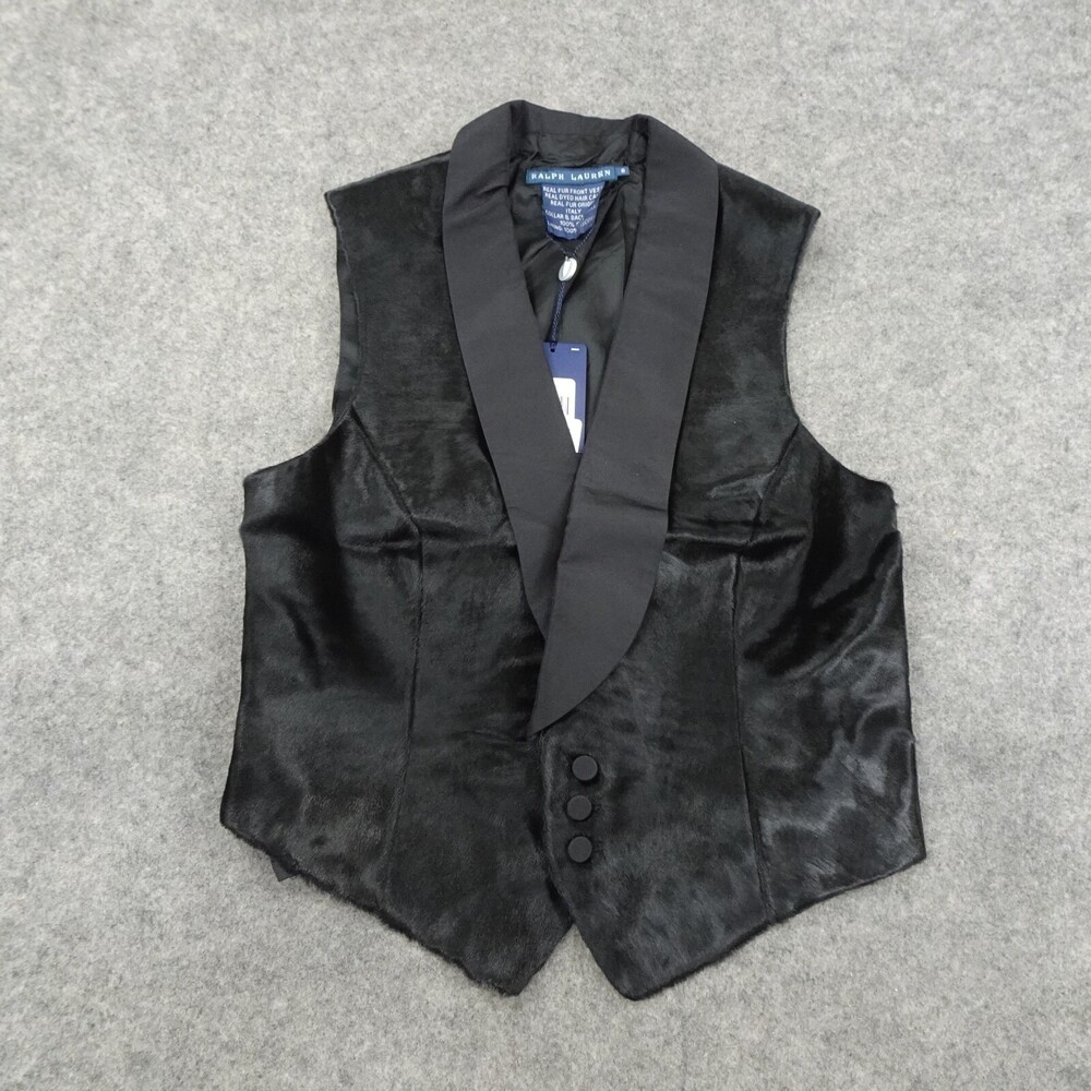 Ralph Lauren Vest Womens 8 Blue Label Black Silk Sleeveless Calf Hair Collar A